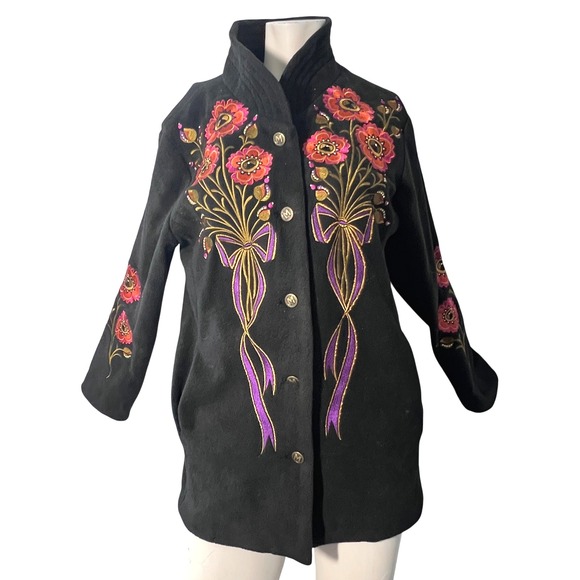 Bob Mackie Wearable Art Fleece Jacket Size S Embroidered Floral Button Coat Cozy - Picture 1 of 7